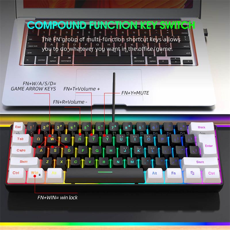 Mini Portable 60% Wired Gaming Keyboard, Compact 61-Key RGB Luminous Translucent USB Keyboard