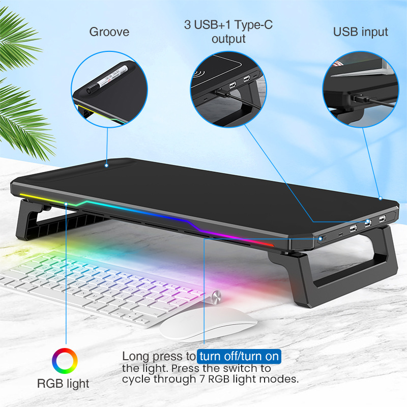 Ergonomic RGB Monitor Stand with USB Hub