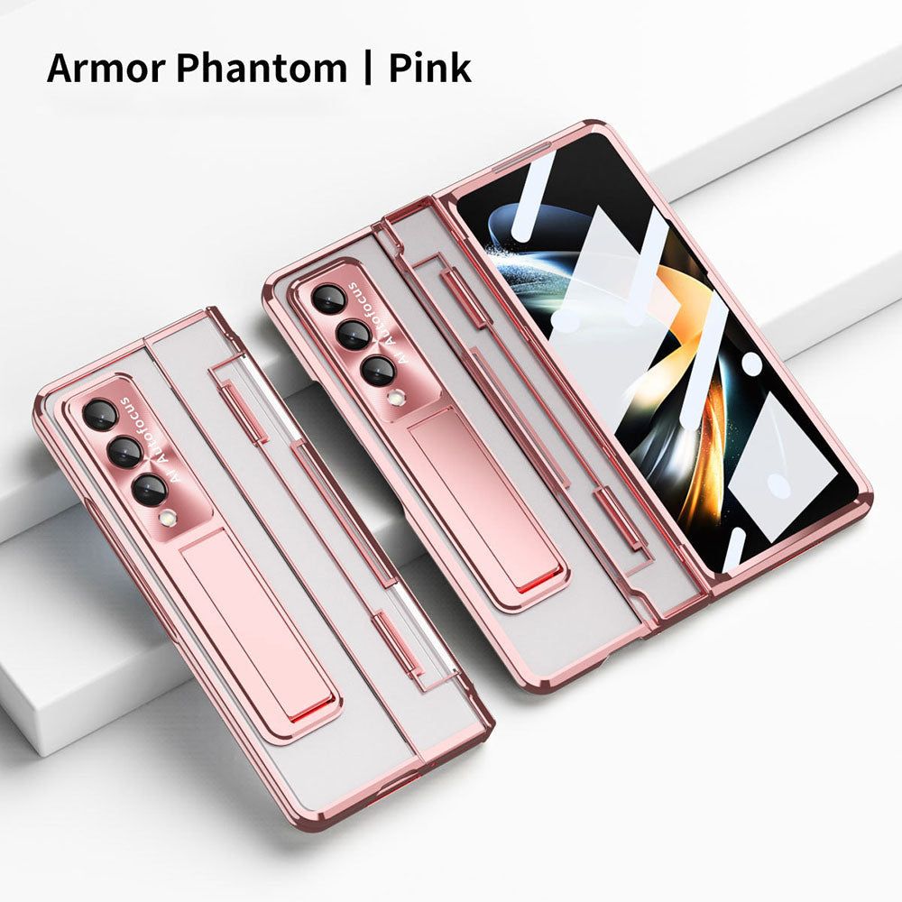 Armor Phantom Aluminum Alloy Transparent Frosted Stand Hinge Phone Case For Samsung Galaxy Z Fold3 Fold4 5G With Screen Protector