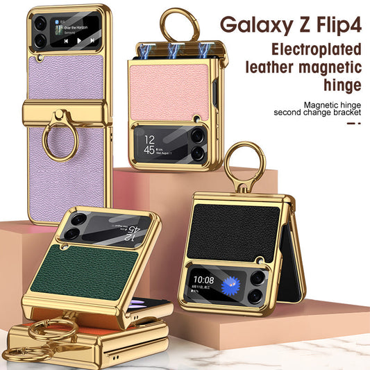 Electroplated Leather Magnetic Hinge Phone Case For Samsung Galaxy Z Flip4 Flip3 5G