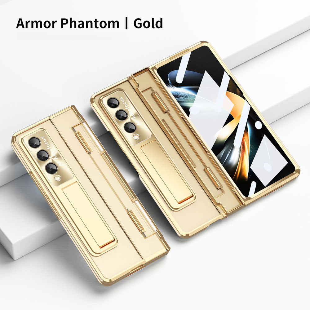 Armor Phantom Aluminum Alloy Transparent Frosted Stand Hinge Phone Case For Samsung Galaxy Z Fold3 Fold4 5G With Screen Protector