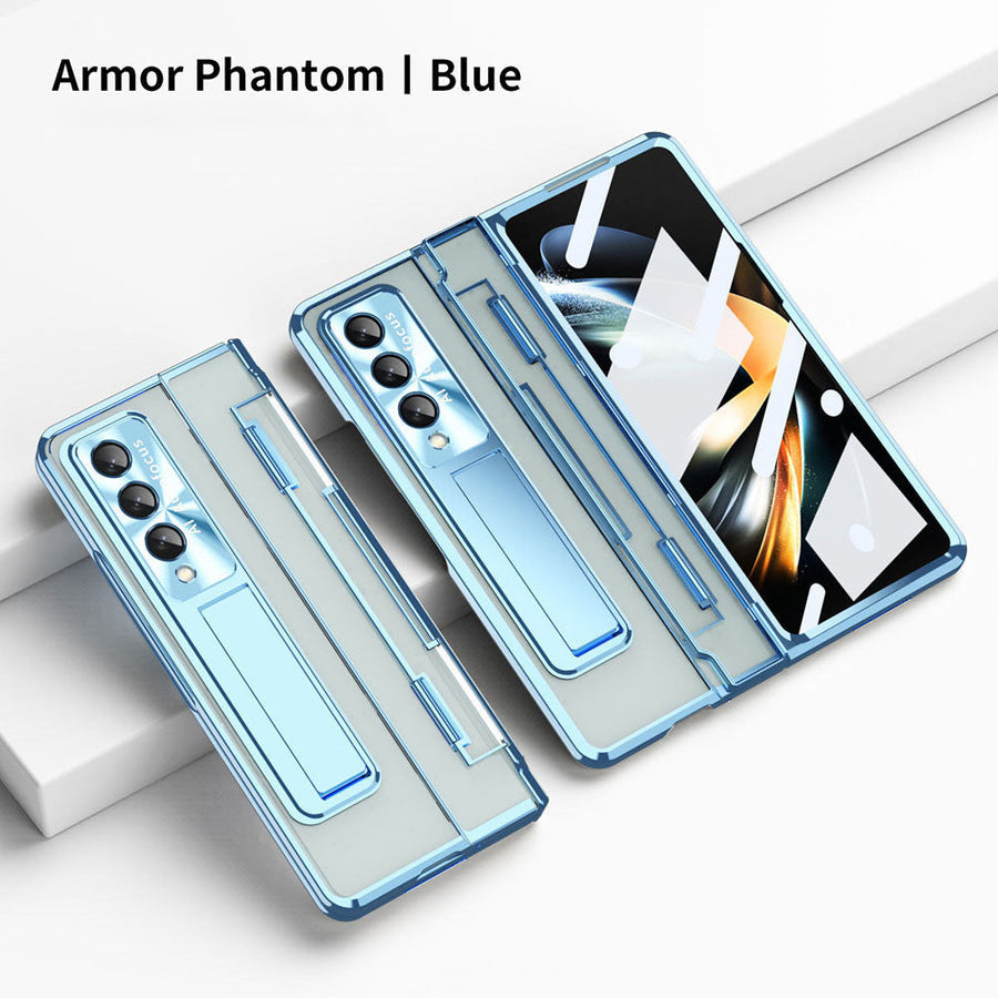 Armor Phantom Aluminum Alloy Transparent Frosted Stand Hinge Phone Case For Samsung Galaxy Z Fold3 Fold4 5G With Screen Protector