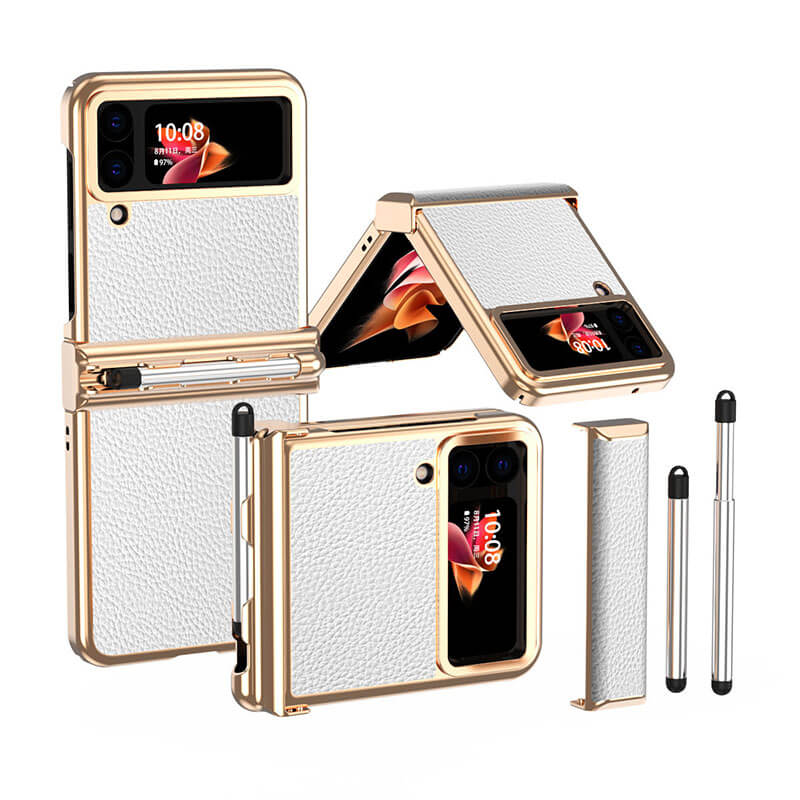 Luxury Leather Case For Samsung Galaxy Z Flip3(4) With Double Hinge - Retractable Stylus