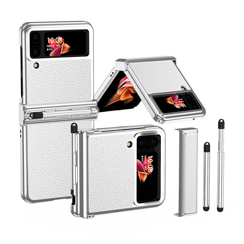 Luxury Leather Case For Samsung Galaxy Z Flip3(4) With Double Hinge - Retractable Stylus