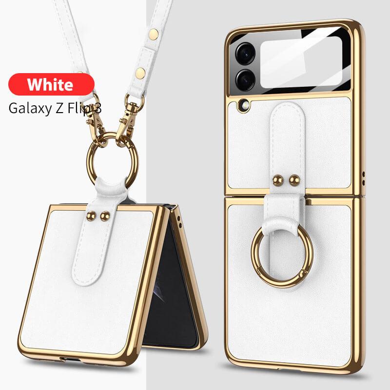 Original Leather Back Screen Tempered Glass Hard Frame Cover For Samsung Z Flip4 Flip3 5G With Lanyard