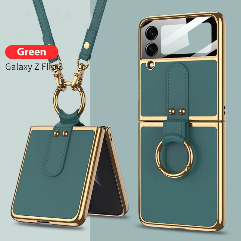 Original Leather Back Screen Tempered Glass Hard Frame Cover For Samsung Z Flip4 Flip3 5G With Lanyard