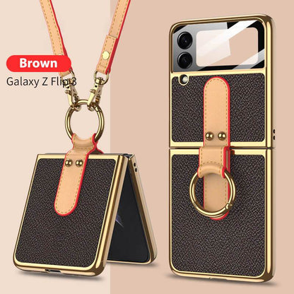 Original Leather Back Screen Tempered Glass Hard Frame Cover For Samsung Z Flip4 Flip3 5G With Lanyard