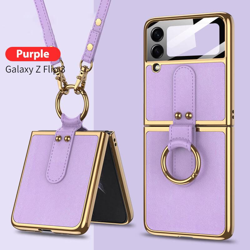 Original Leather Back Screen Tempered Glass Hard Frame Cover For Samsung Z Flip4 Flip3 5G With Lanyard