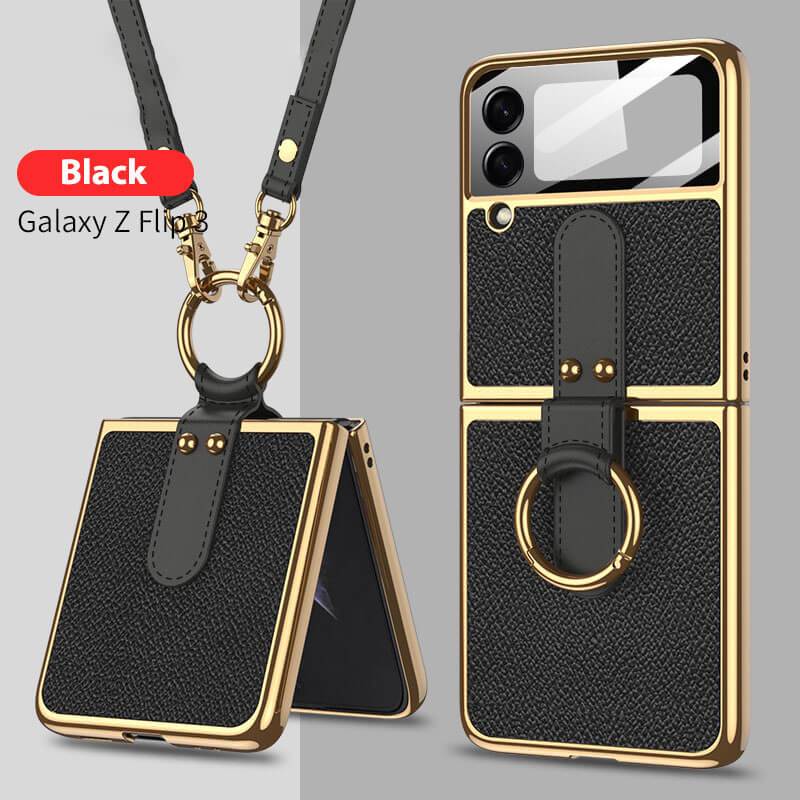 Original Leather Back Screen Tempered Glass Hard Frame Cover For Samsung Z Flip4 Flip3 5G With Lanyard